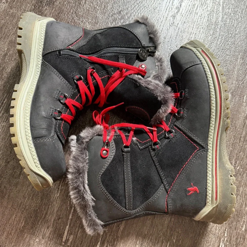 Santana Canada Winter Boots Women 9 Black Red Faux Fur Trim Suede Zipper Mid